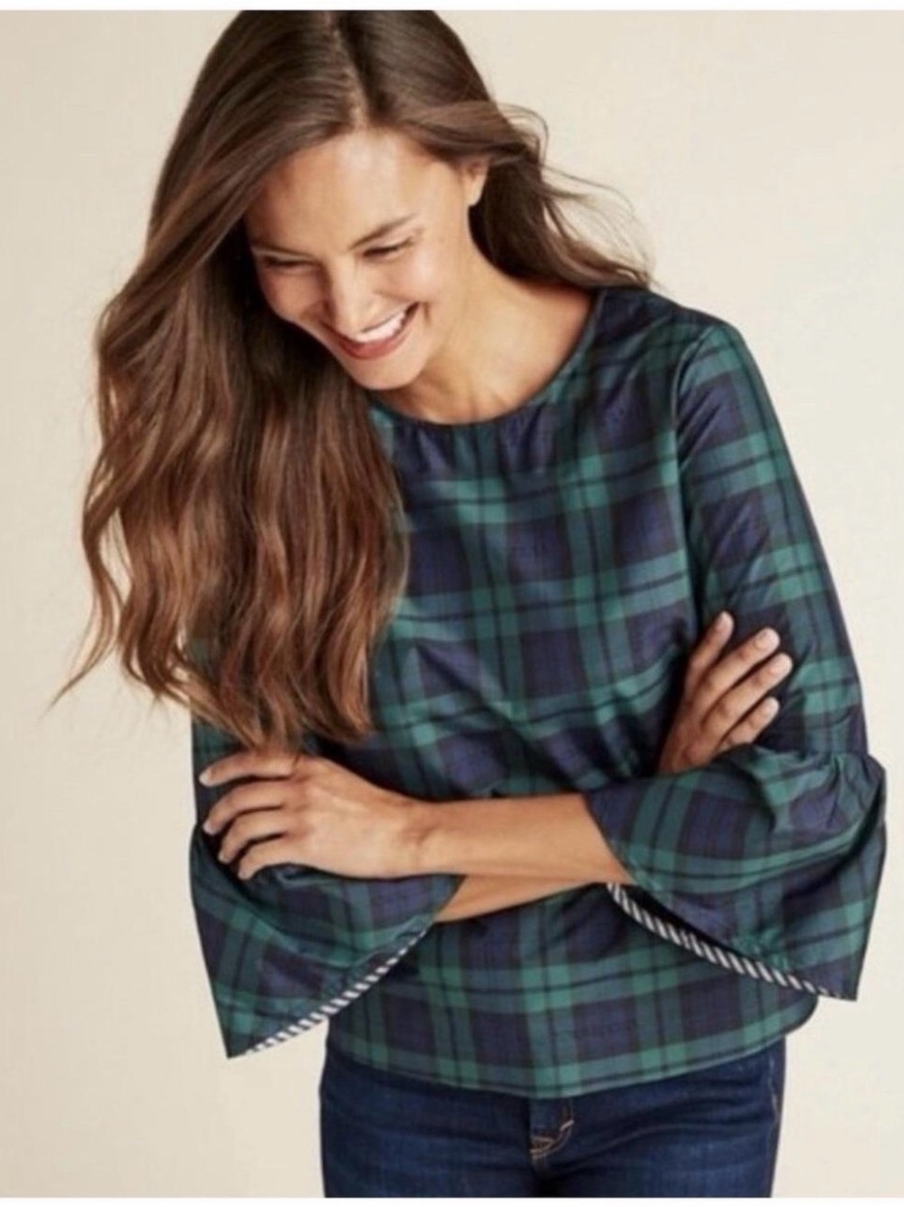 Vineyard Vines Green & Navy Plaid Bell-Sleeve Top